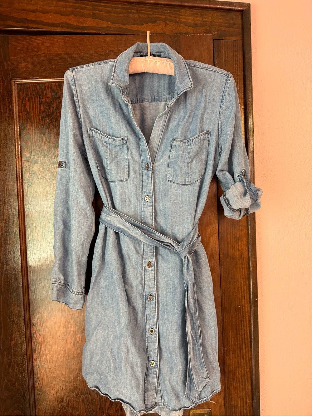 Light Blue Denim Shirt Dress with Tie Waist